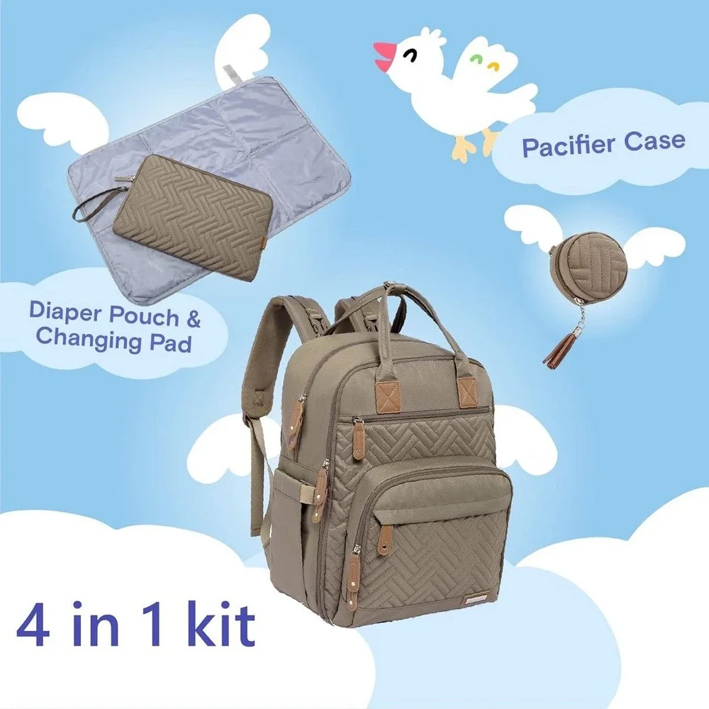 iniuniu Khaki Quilted Diaper Bag Backpack 4-in-1‎ Kit with Changing Pad NWT